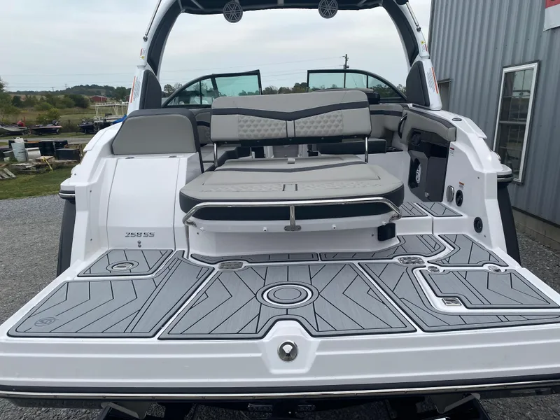 Slide: The Image of 2025 Monterey 258 Super Sport boat with spacious seating and modern design. - 8