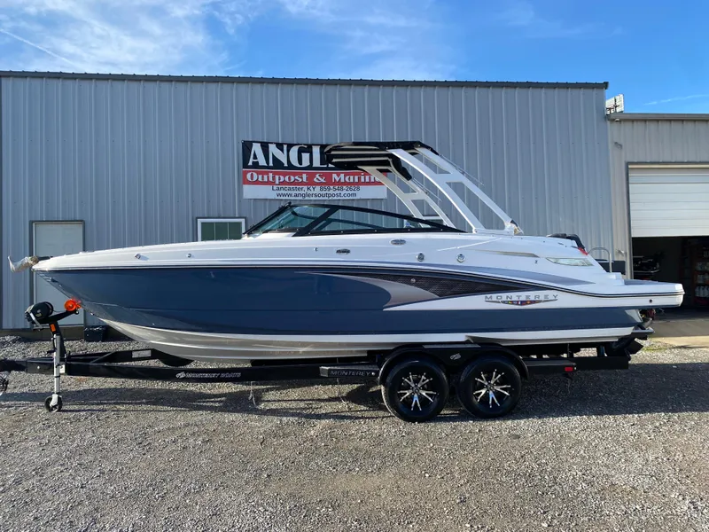 Slide: The Image of 2025 Monterey M6 boat on trailer, parked outside a marine dealership. - 1