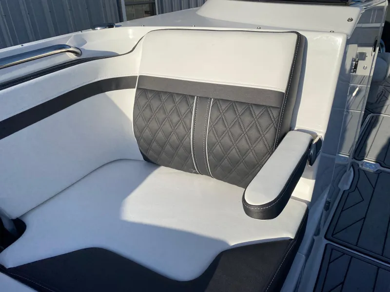 Slide: The Image of Luxurious seating in 2025 Monterey M6 boat with diamond-stitched upholstery. - 23
