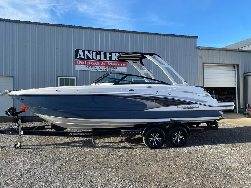 Slide: The Image of 2025 Monterey M6 boat on trailer outside Angler Outpost & Marine building. - 3
