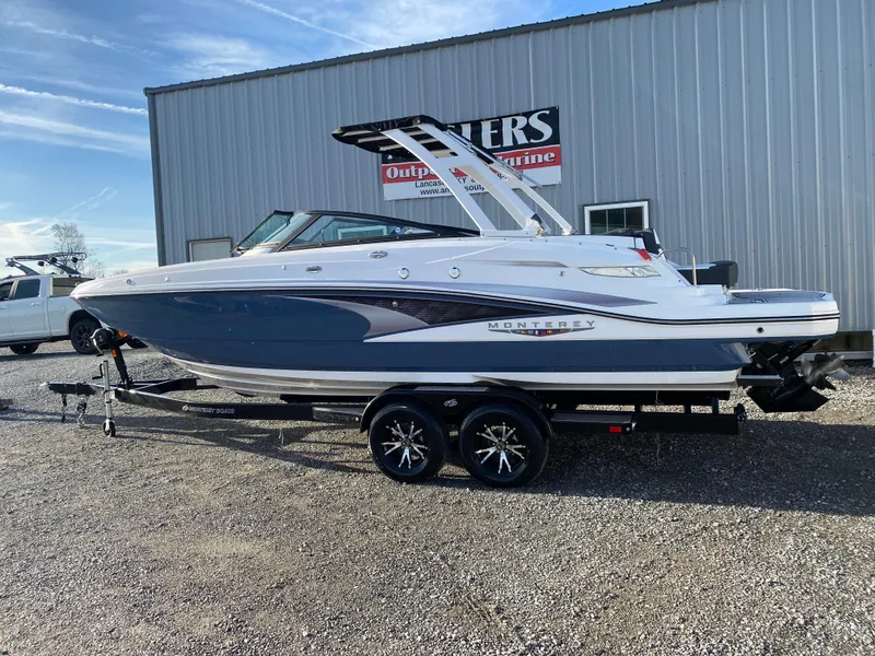 Slide: The Image of 2025 Monterey M6 boat on trailer, parked outdoors near a building. - 4