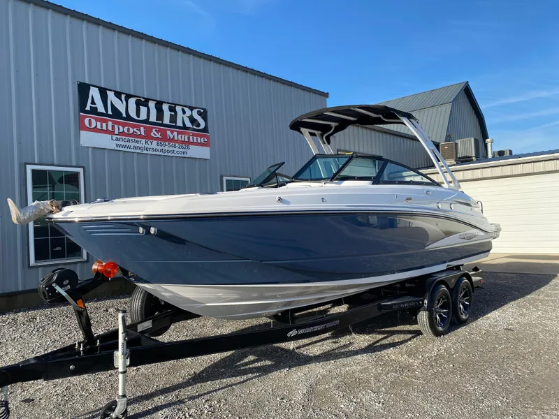 Slide: The Image of 2025 Monterey M6 boat on trailer at Anglers Outpost & Marine dealership. - 5