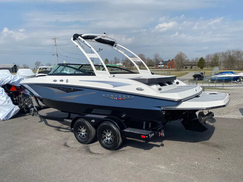 Slide: The Image of 2025 Monterey M-22 boat on trailer, sleek design, parked outdoors. - 5