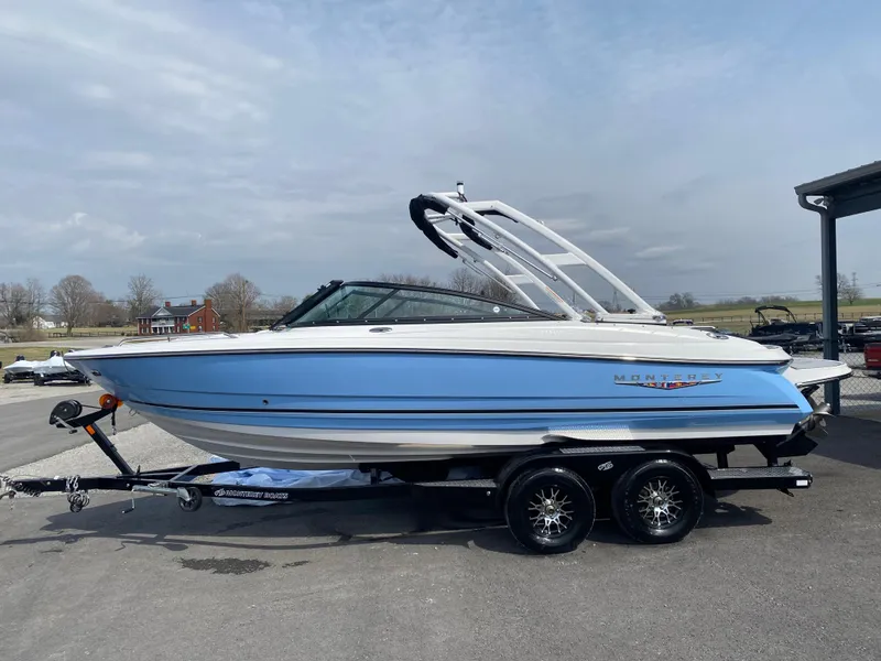 Slide: The Image of 2025 Monterey 224FS boat on trailer, blue and white design, parked outdoors. - 4