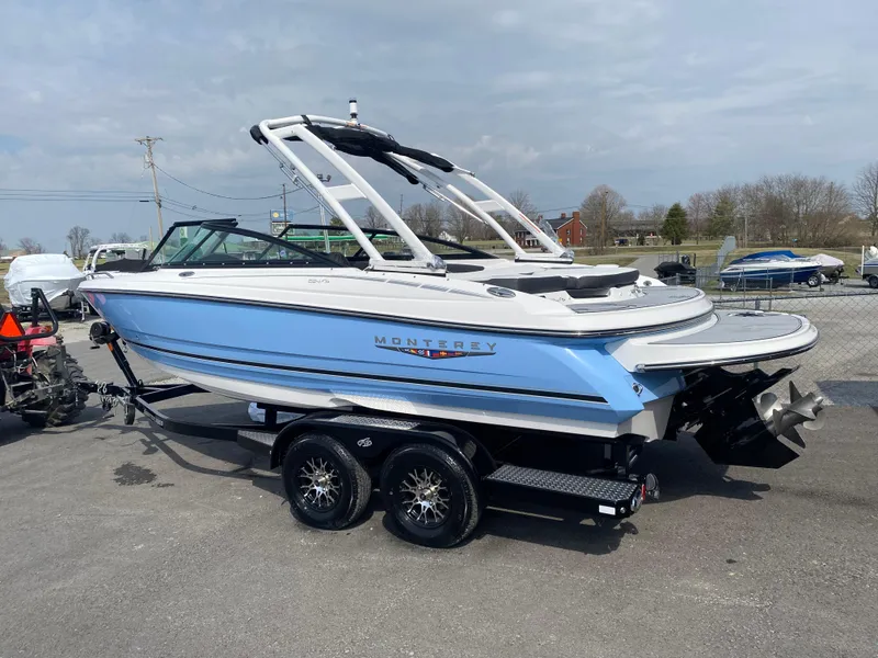 Slide: The Image of 2025 Monterey 224FS boat on trailer, blue and white design, parked outdoors. - 5