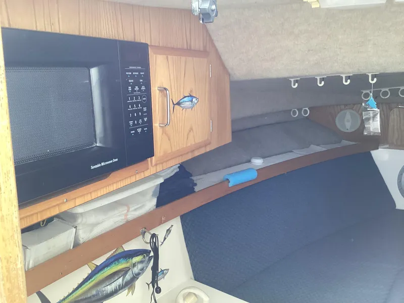 Slide: The Image of 2001 Henriques 28 Express cabin interior with microwave and fishing decor. - 17