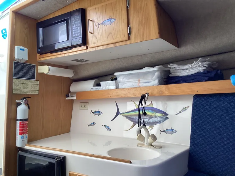 Slide: The Image of 2001 Henriques 28 Express boat interior with kitchenette, microwave, and fish-themed decor. - 22