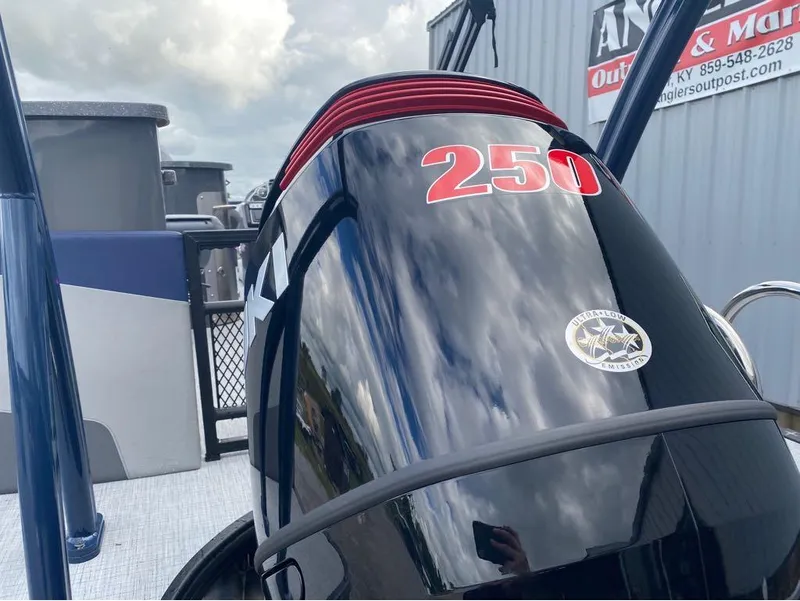 Slide: The Image of 2025 Berkshire 23E STS boat engine with "250" decal and ultra-low emission badge. - 10