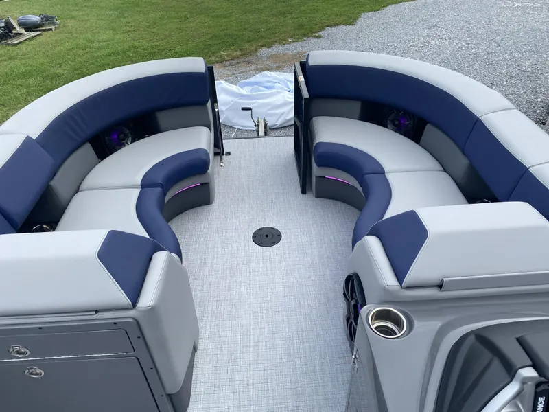 Slide: The Image of Luxurious seating on 2025 Berkshire 23E STS pontoon boat, featuring modern design and comfort. - 14