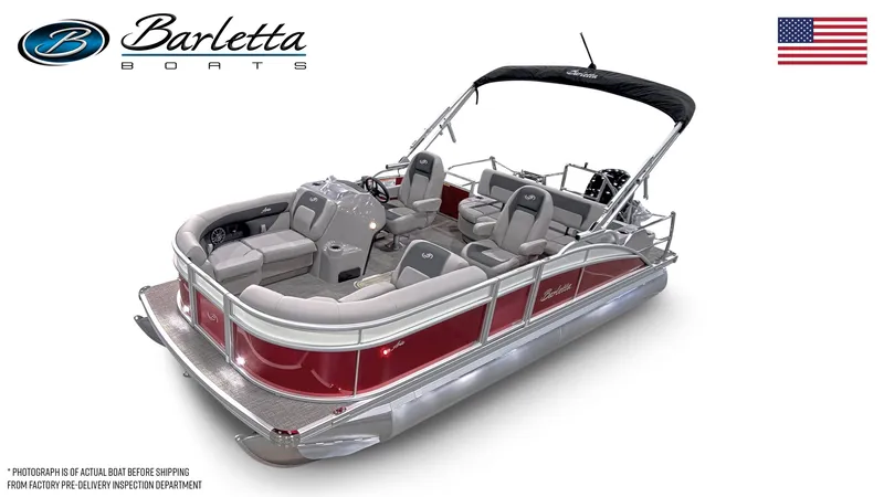 Slide: The Image of 2025 Barletta ARIA 20UC pontoon boat with red and silver design, featuring comfortable seating. - 1
