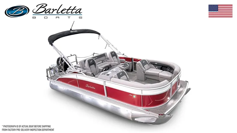 Slide: The Image of 2025 Barletta ARIA 20UC pontoon boat, red and silver design, with seating and canopy. - 2