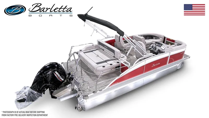 Slide: The Image of 2025 Barletta ARIA 20UC pontoon boat with red accents and outboard motor. - 3