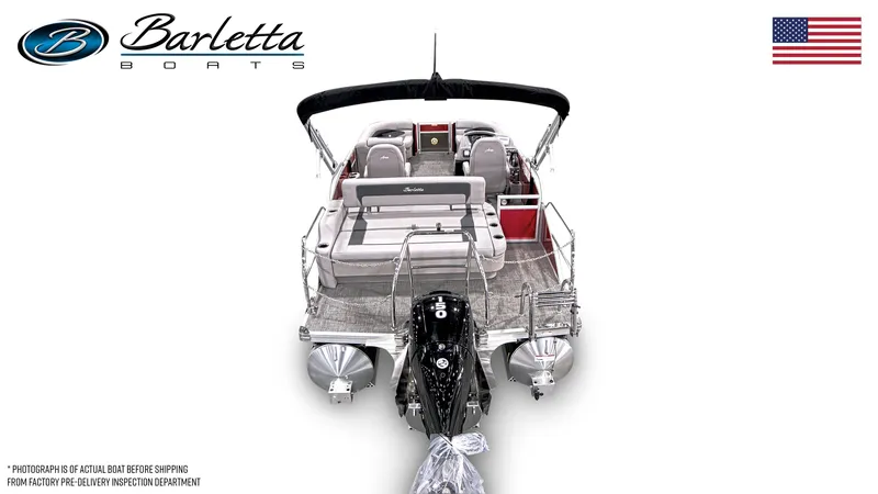 Slide: The Image of 2025 Barletta ARIA 20UC pontoon boat, rear view, with American flag and logo. - 6