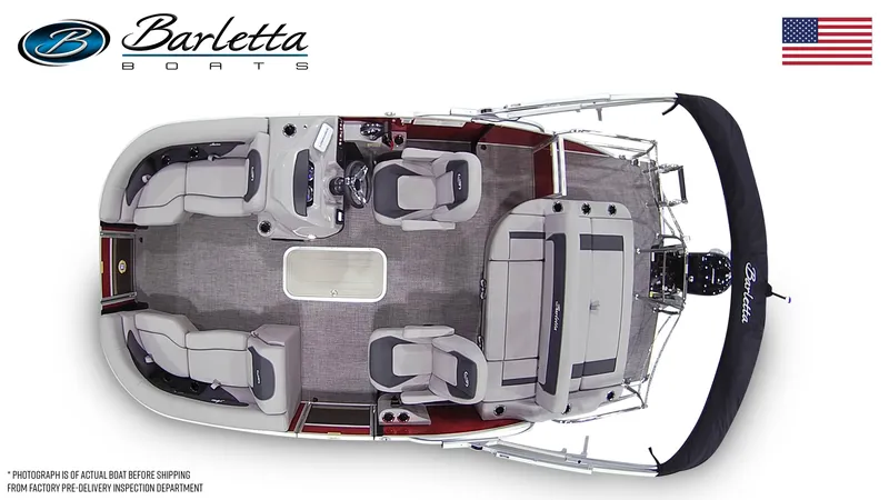 Slide: The Image of 2025 Barletta ARIA 20UC pontoon boat, top view, spacious seating, modern design, American flag. - 7