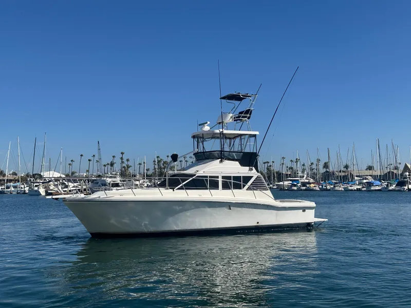 Slide: The Image of 1991 Symbol 39 Sedan Sportfisher yacht on calm water, marina background, clear blue sky. - 4