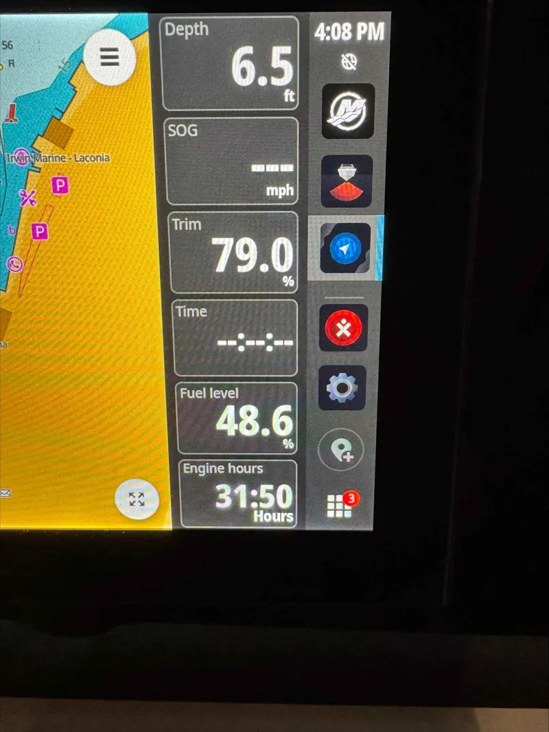 Slide: The Image of Sea Ray 230SPX 2024 dashboard showing depth, trim, fuel level, and engine hours. - 11