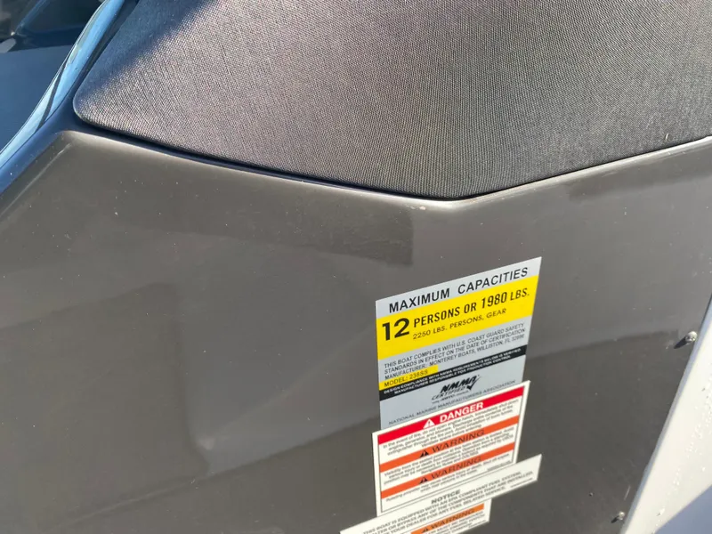 Slide: The Image of 2020 Monterey 238 Super Sport capacity label, maximum 12 persons or 1980 lbs. - 10