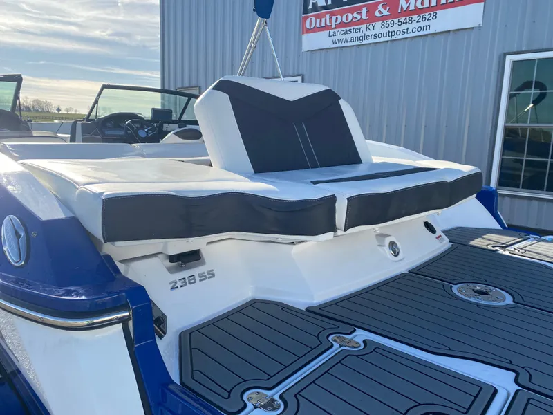 Slide: The Image of 2020 Monterey 238 Super Sport boat with sleek seating and modern design. - 13