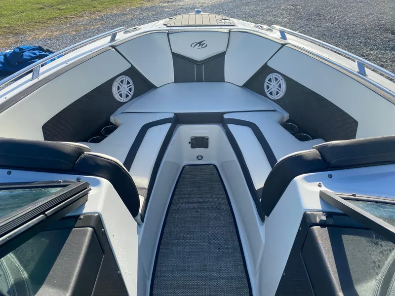 Slide: The Image of 2020 Monterey 238 Super Sport boat interior with sleek seating and modern design. - 26