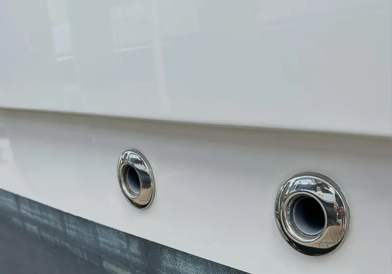 Slide: The Image of Close-up of 2021 World Cat 255 DC boat hull with metal fittings. - 12