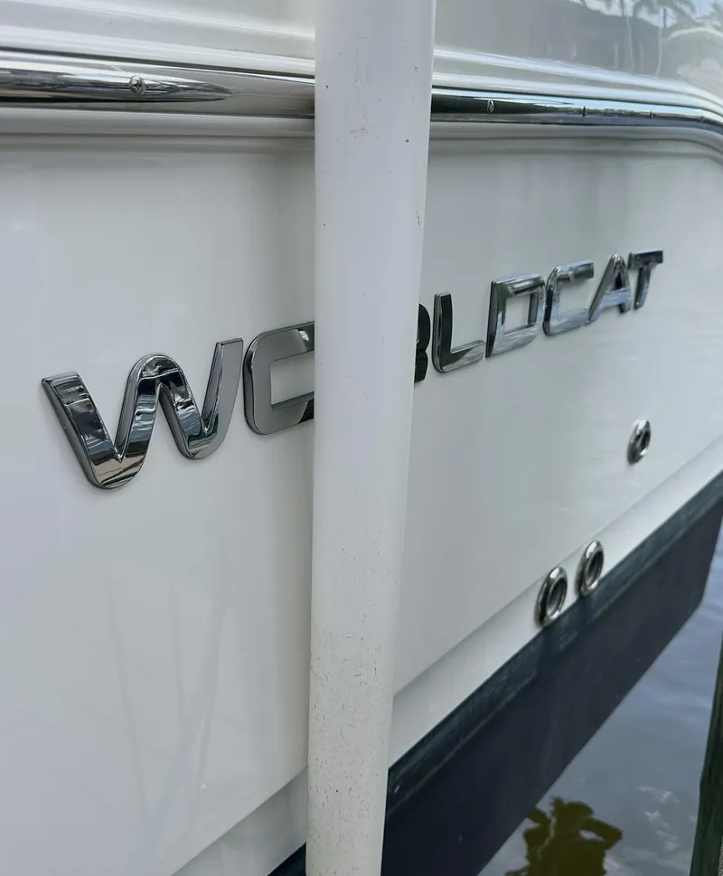 Slide: The Image of 2021 World Cat 255 DC boat, close-up of logo on white hull. - 21