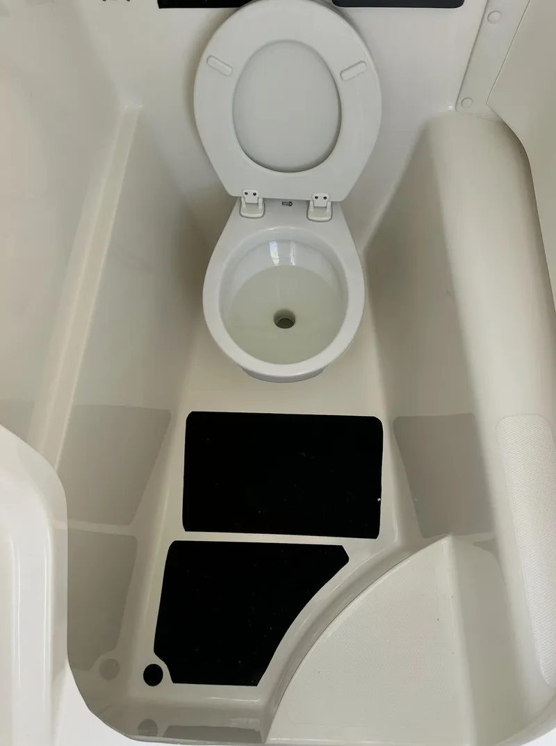 Slide: The Image of 2021 World Cat 255 DC boat interior with toilet, white and black design. - 30