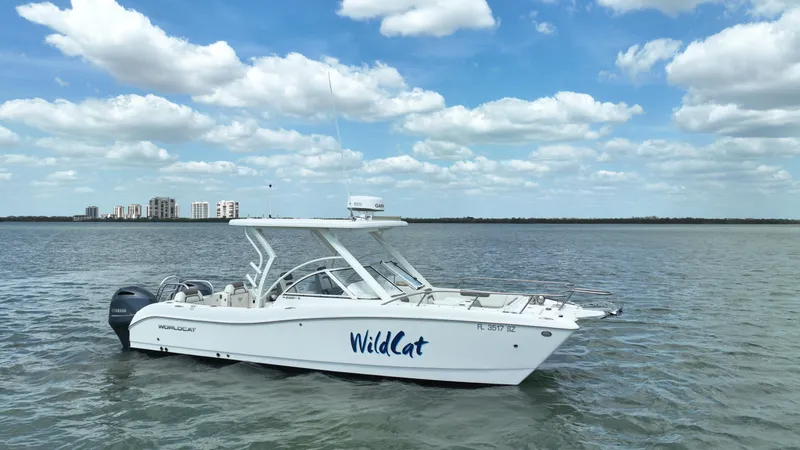 Slide: The Image of 2021 World Cat 255 DC boat on calm water under a partly cloudy sky. - 7