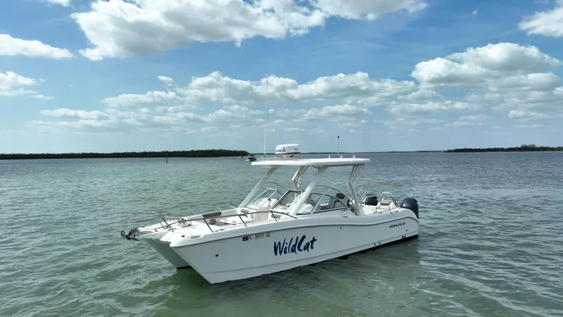 Slide: The Image of 2021 World Cat 255 DC boat on calm water under a partly cloudy sky. - 8