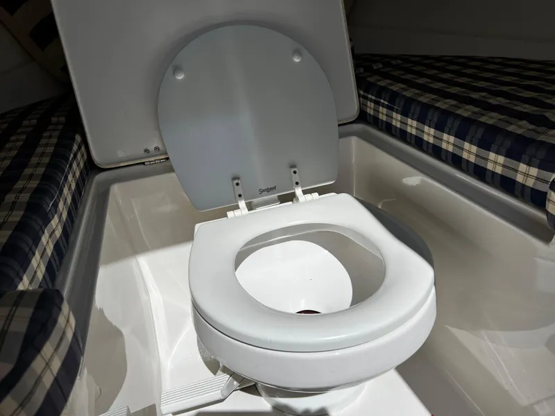 Slide: The Image of 2004 Chris-Craft Corsair 25 boat interior with toilet and plaid seating. - 17