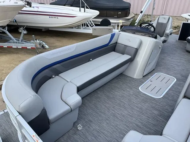 Slide: The Image of 2020 Bennington 22 SLX pontoon boat interior with gray seating and modern design. - 11