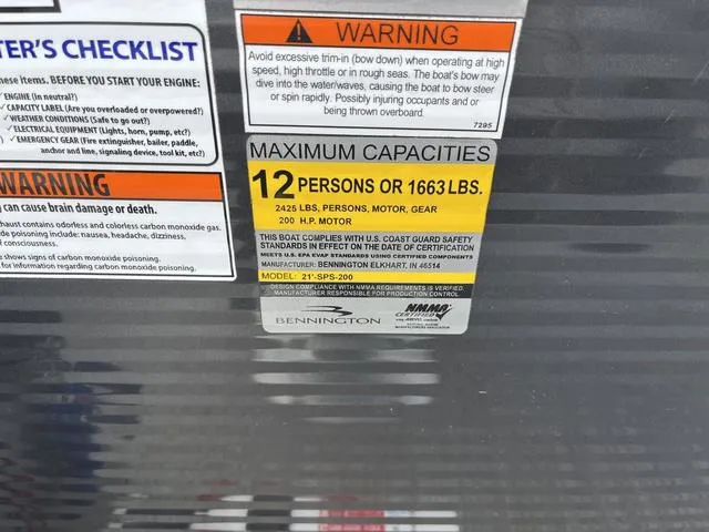 Slide: The Image of Bennington 22 SLX 2020 capacity label: 12 persons or 1663 lbs, safety warnings included. - 20