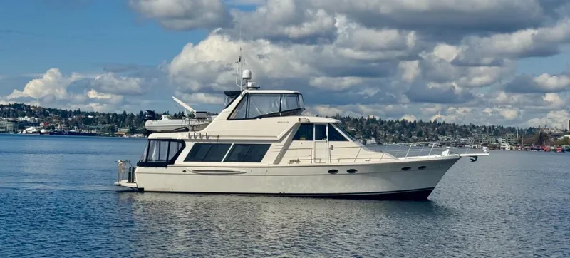 The Image of 2004 Meridian 490 Pilothouse yacht on calm water under cloudy sky. - 1