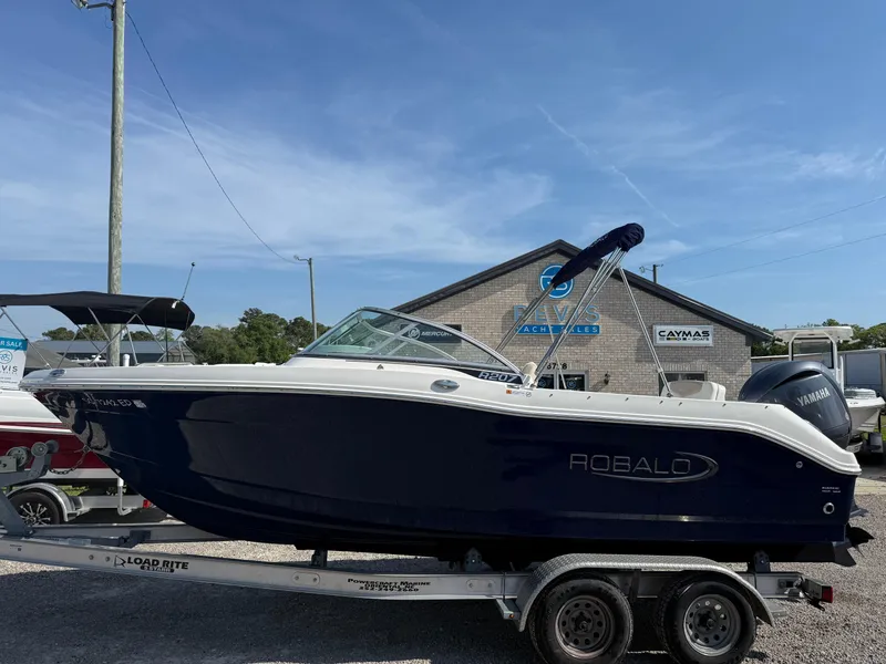 Slide: The Image of 2024 Robalo R207 Dual Console boat on trailer, blue and white design, outdoor display. - 2