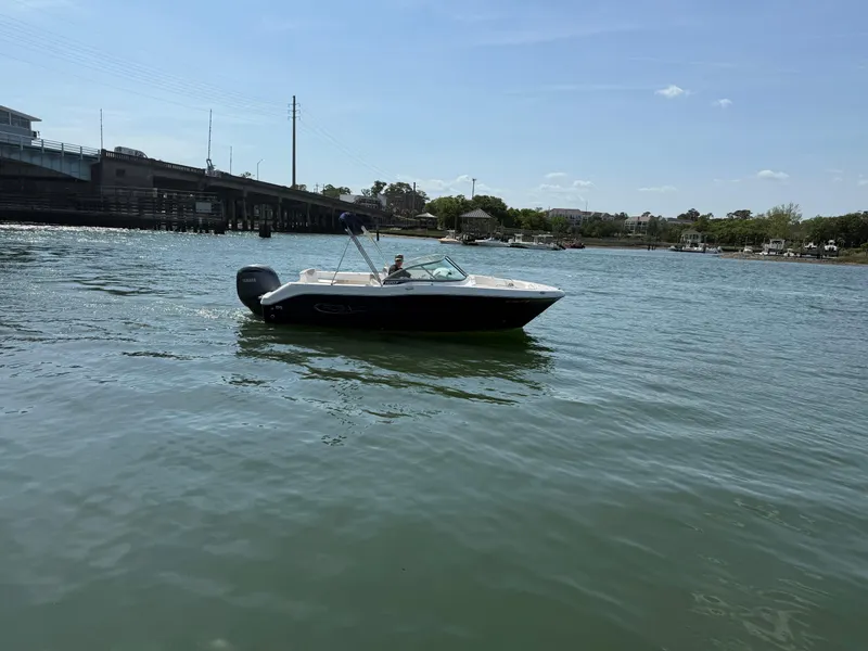 Slide: The Image of 2024 Robalo R207 Dual Console boat on calm water near a bridge. - 35