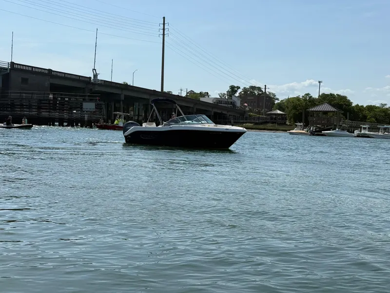 Slide: The Image of 2024 Robalo R207 Dual Console boat cruising on a sunny day near a bridge. - 37