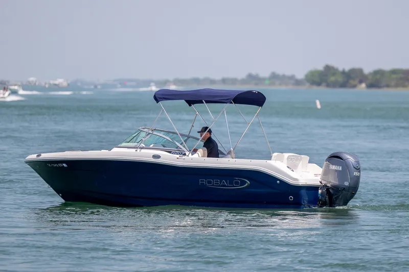 Slide: The Image of 2024 Robalo R207 Dual Console boat cruising on a calm lake with a Yamaha engine. - 45
