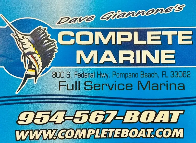 Slide: The Image of Complete Marine advertisement with contact details, featuring a marlin graphic and blue background. - 36