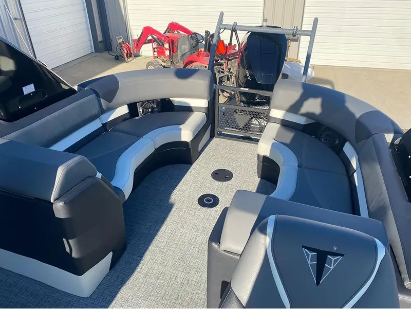 Slide: The Image of 2024 Trifecta 23 RFS 3.0 pontoon boat interior with stylish seating and modern design. - 14