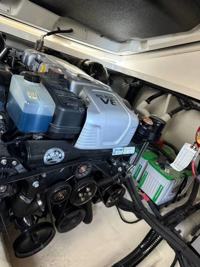 Slide: The Image of Engine compartment of 2023 Sea Ray SLX 350 boat, showcasing detailed mechanical components. - 5