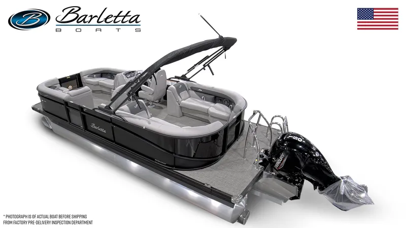 Slide: The Image of 2025 Barletta ARIA 22QC pontoon boat, sleek design, luxury seating, powerful outboard motor. - 4
