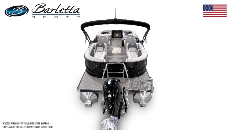 Slide: The Image of 2025 Barletta ARIA 22QC pontoon boat, rear view, with seating and motor, USA flag. - 6