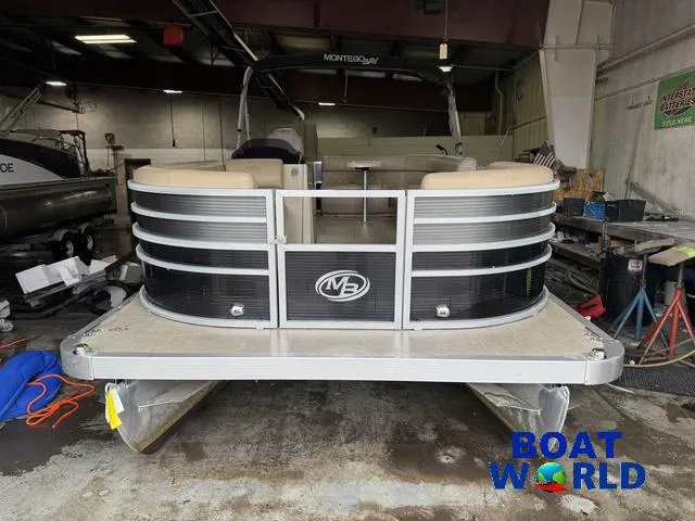 Slide: The Image of 2019 Montego Bay 8518 Cruise pontoon boat with Honda 60HP engine in a showroom. - 14