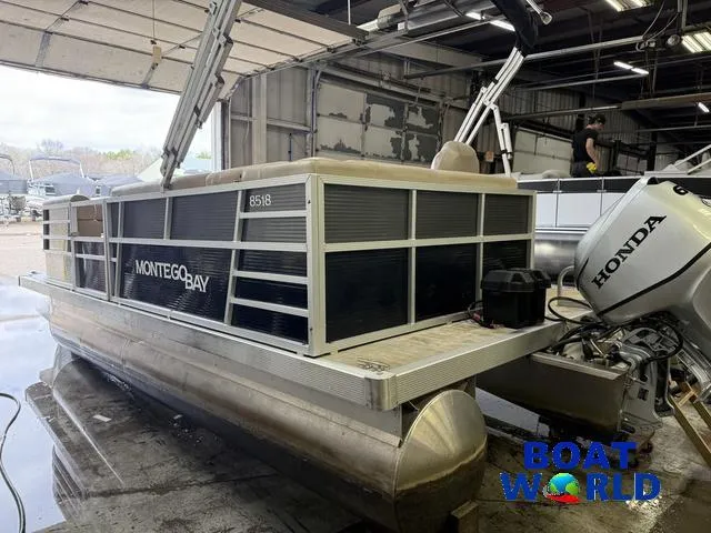 Slide: The Image of 2019 Montego Bay 8518 Cruise pontoon with Honda 60HP 4-Stroke EFI engine in a warehouse. - 18