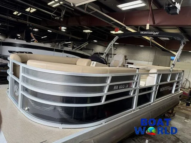 Slide: The Image of 2019 Montego Bay 8518 Cruise pontoon boat with Honda 60HP engine in showroom. - 19