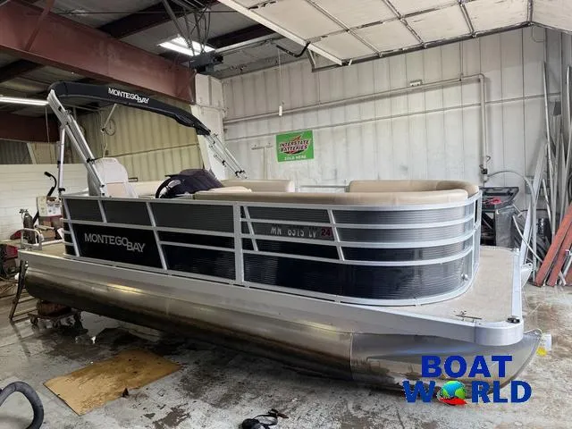 Slide: The Image of 2019 Montego Bay 8518 Cruise pontoon boat with Honda 60HP engine in a garage. - 20