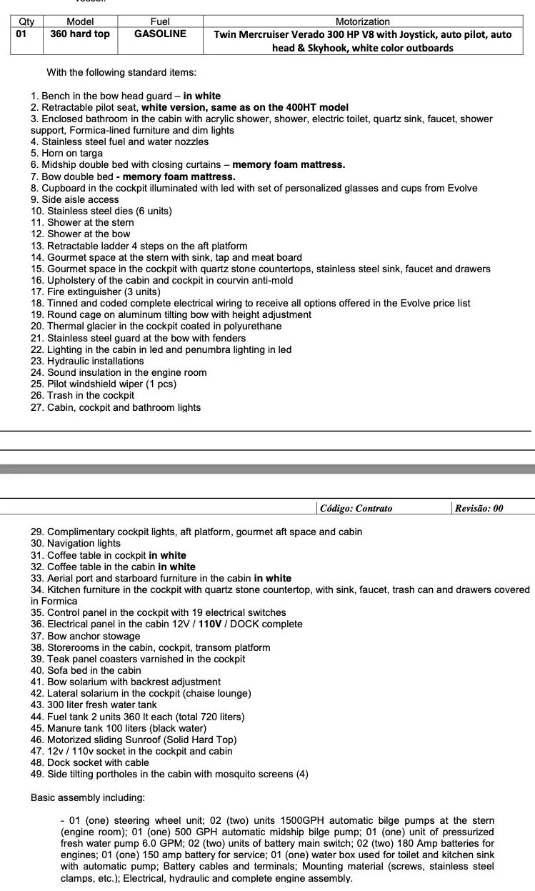Slide: The Image of Evolve 360HT 2022 features list with specifications and amenities for luxury boating experience. - 48
