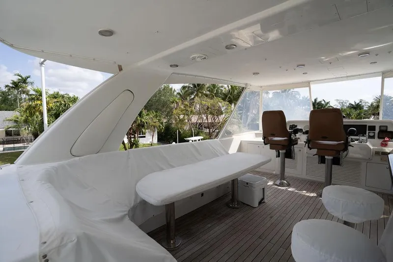 Slide: The Image of Flybridge of 2004 Cheoy Lee 84 Bravo yacht with seating and helm chairs. - 43