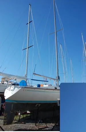 Slide: The Image of 1982 Tartan 37 sailboat on land under clear blue sky. - 1