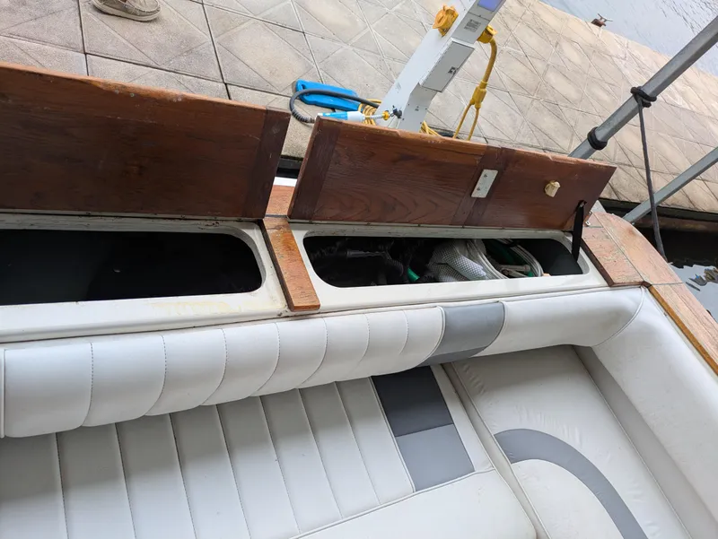 Slide: The Image of 1988 Sea Ray 460 Express Cruiser interior with open storage compartments and cushioned seating. - 36