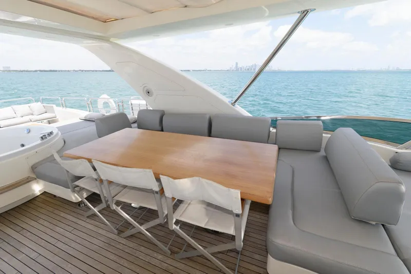 Slide: The Image of Luxurious Azimut 84 Flybridge Motor Yacht deck with seating and ocean view, 2013 model. - 26